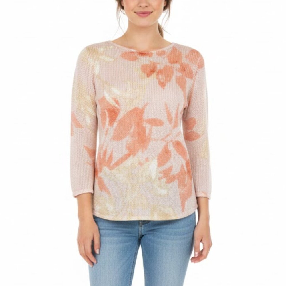 Chico's Floral Linen Blend Open Knit Sweater Size 0 Small